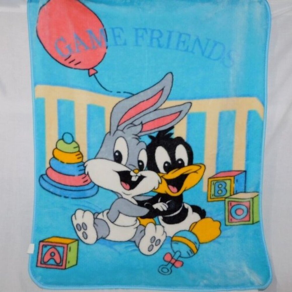 VTG 1999 Baby Looney Tunes Fleece Blanket Friend Bugs Bunny Daffy Duck 41" x 51"
